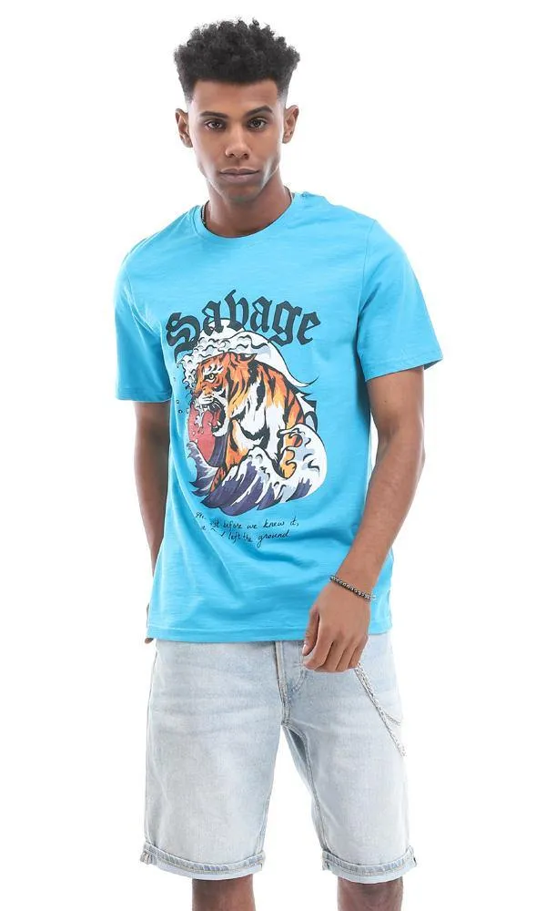 95178 Turquoise T-Shirt With A Roaring Tiger Frontal Print