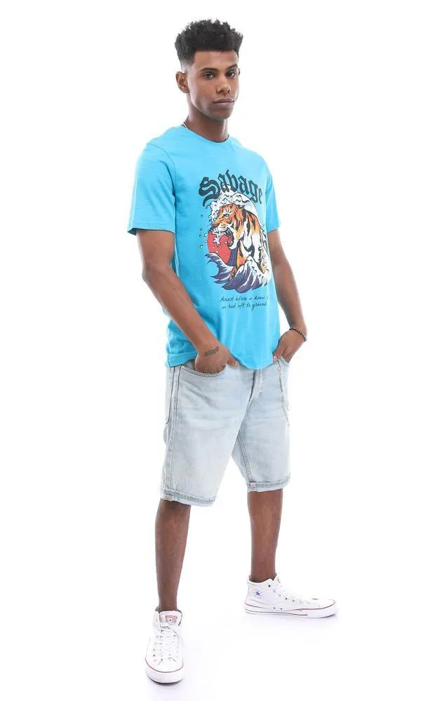 95178 Turquoise T-Shirt With A Roaring Tiger Frontal Print