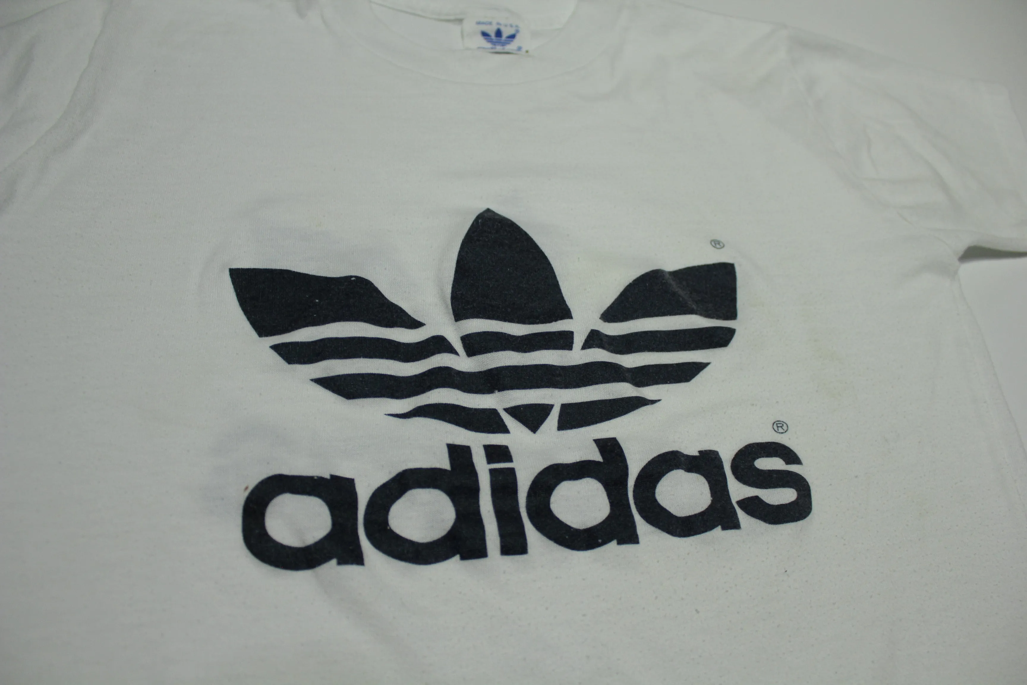 Adidas Vintage 80's Made In USA White Trefoil Logo Stained T-Shirt