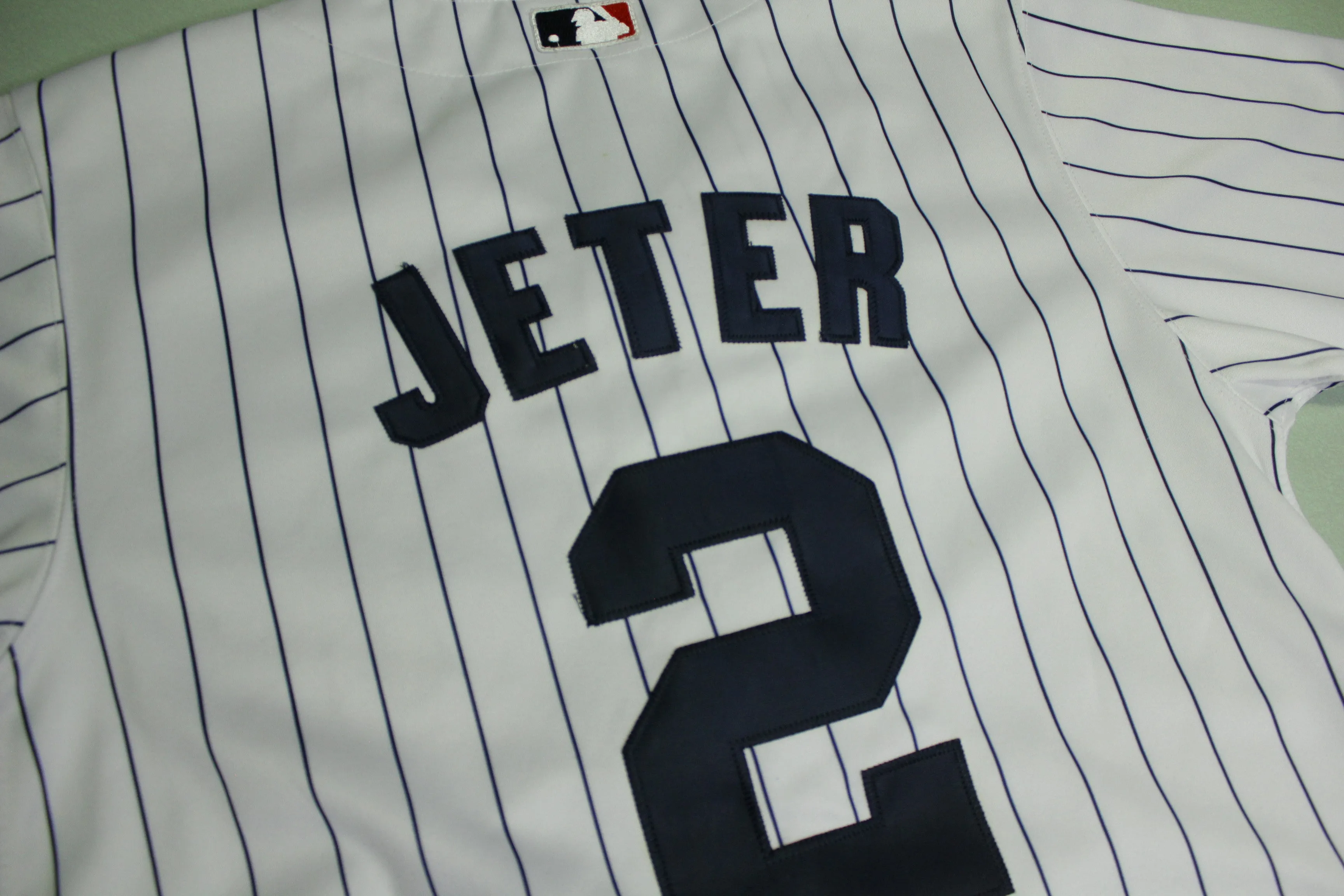 Derek Jeter New York Yankees #2 Majestic Pin Stripe Button Up Baseball Jersey