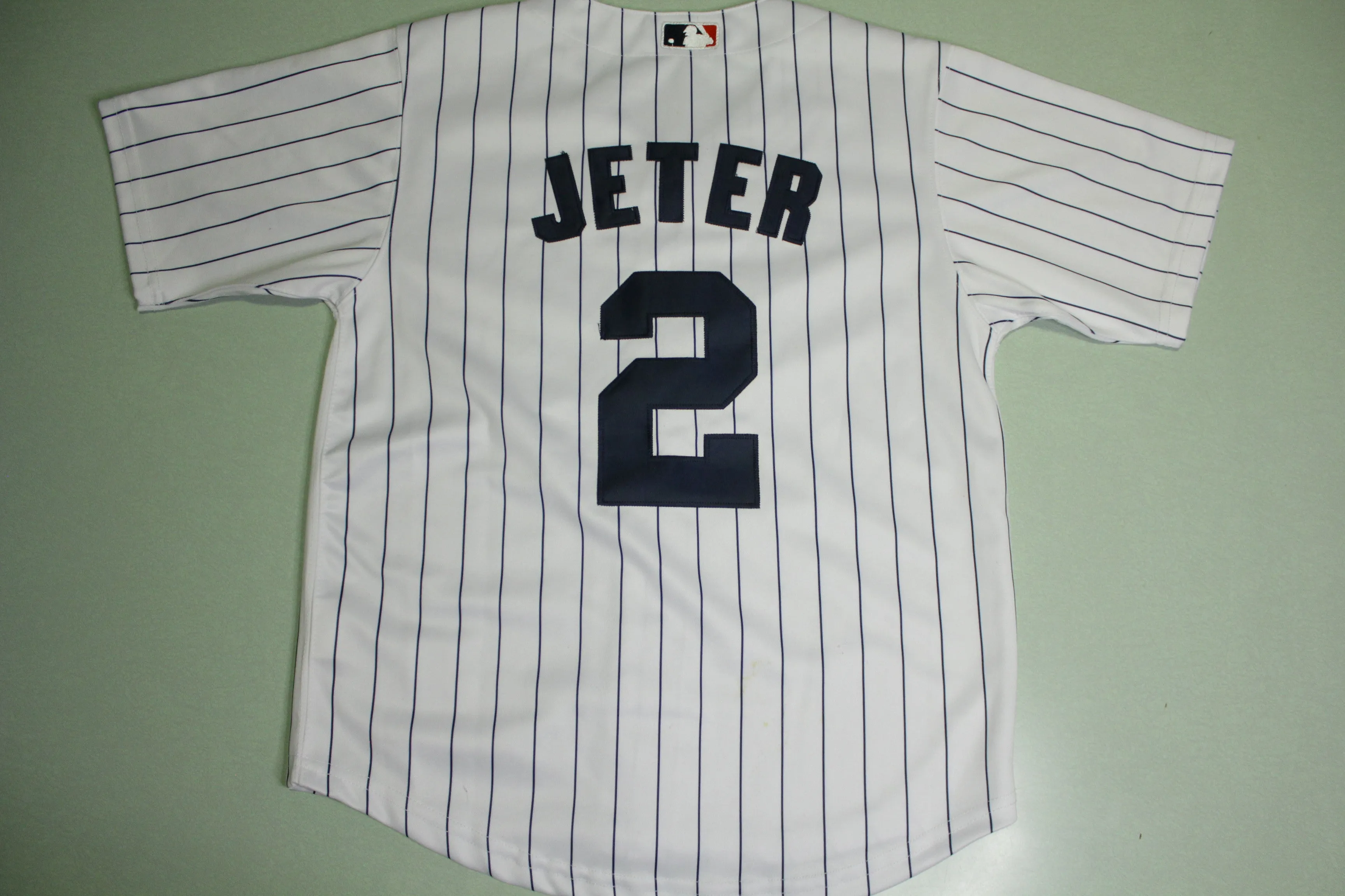 Derek Jeter New York Yankees #2 Majestic Pin Stripe Button Up Baseball Jersey