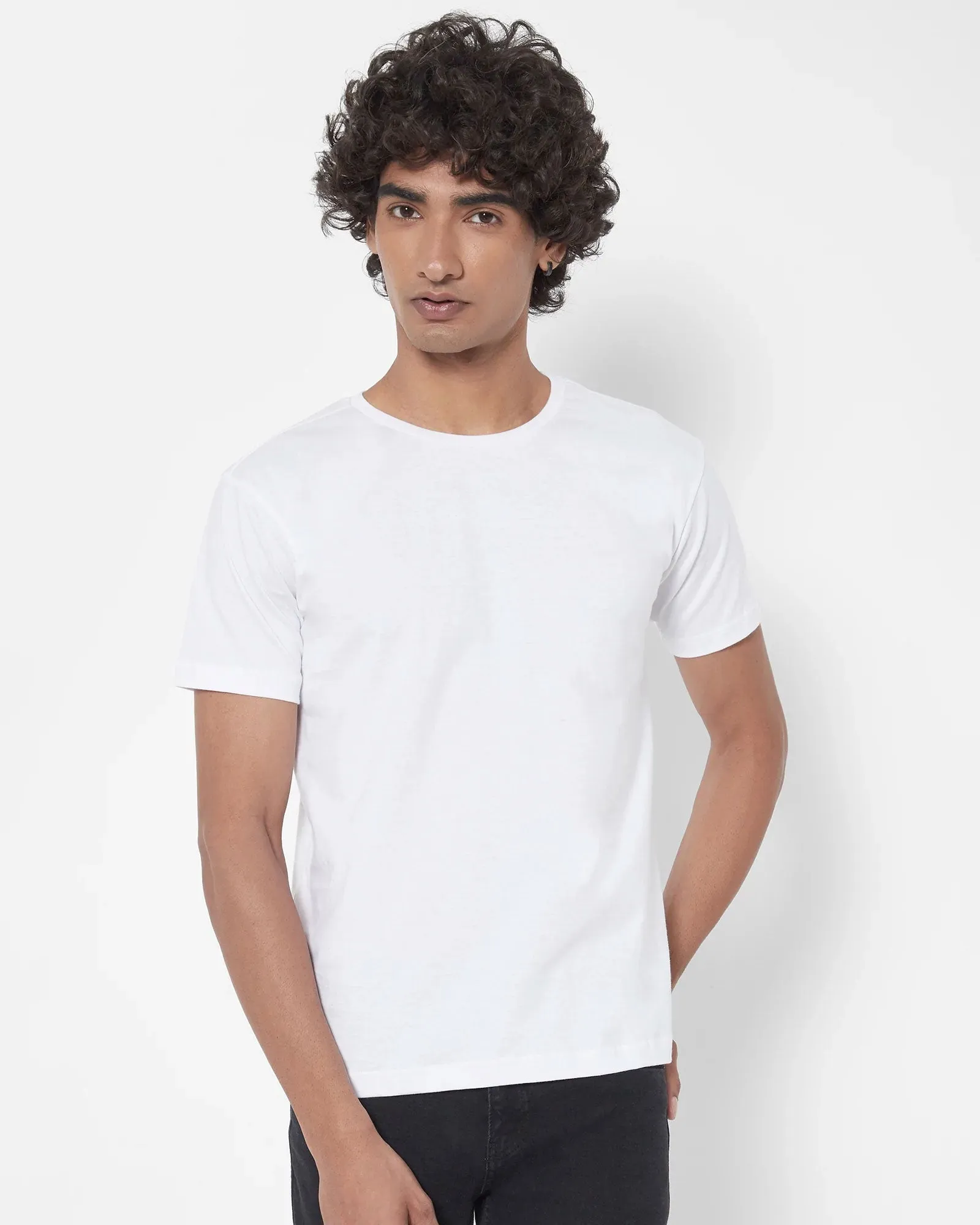 Half Sleeves Crew Neck: Solid White