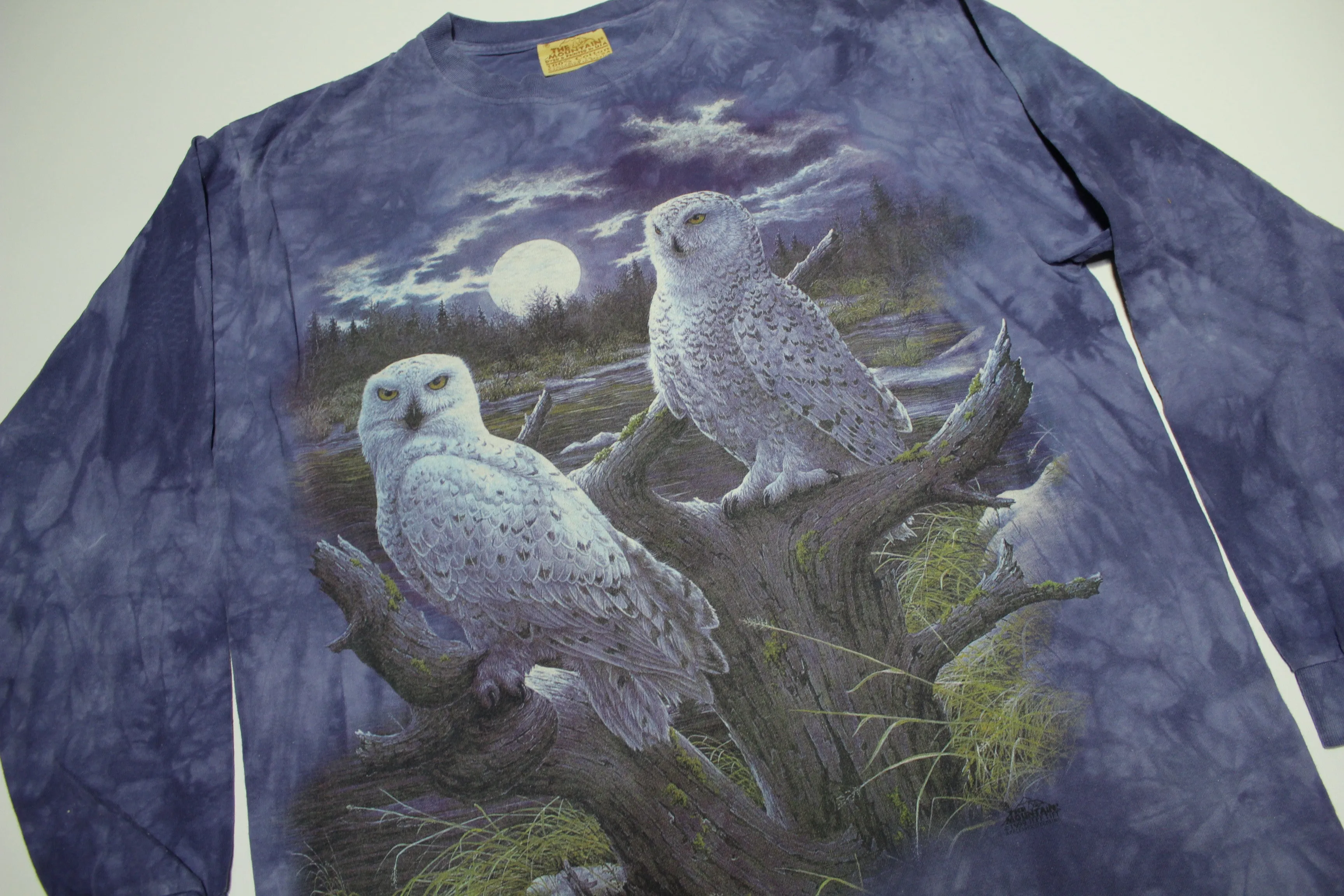 Mountain USA 1999 Vintage Jeff Tift Tie Dyed Snow Owl Wilderness Long Sleeve 90s T-Shirt