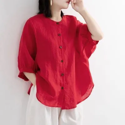 O-Neck Long Sleeve Shirt Dames - Red