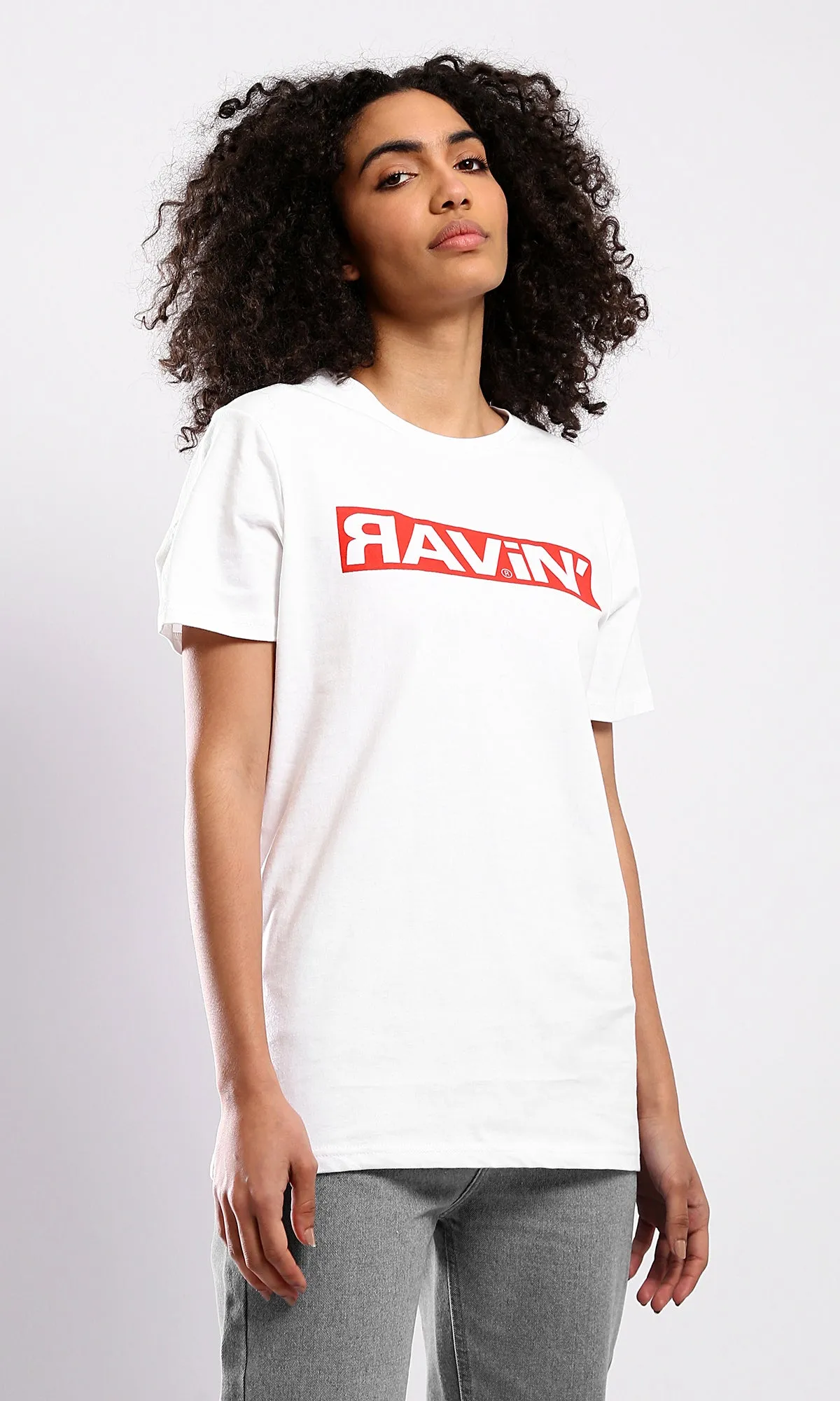 O178031 Round Neck Printed Ravin White Cotton Tee