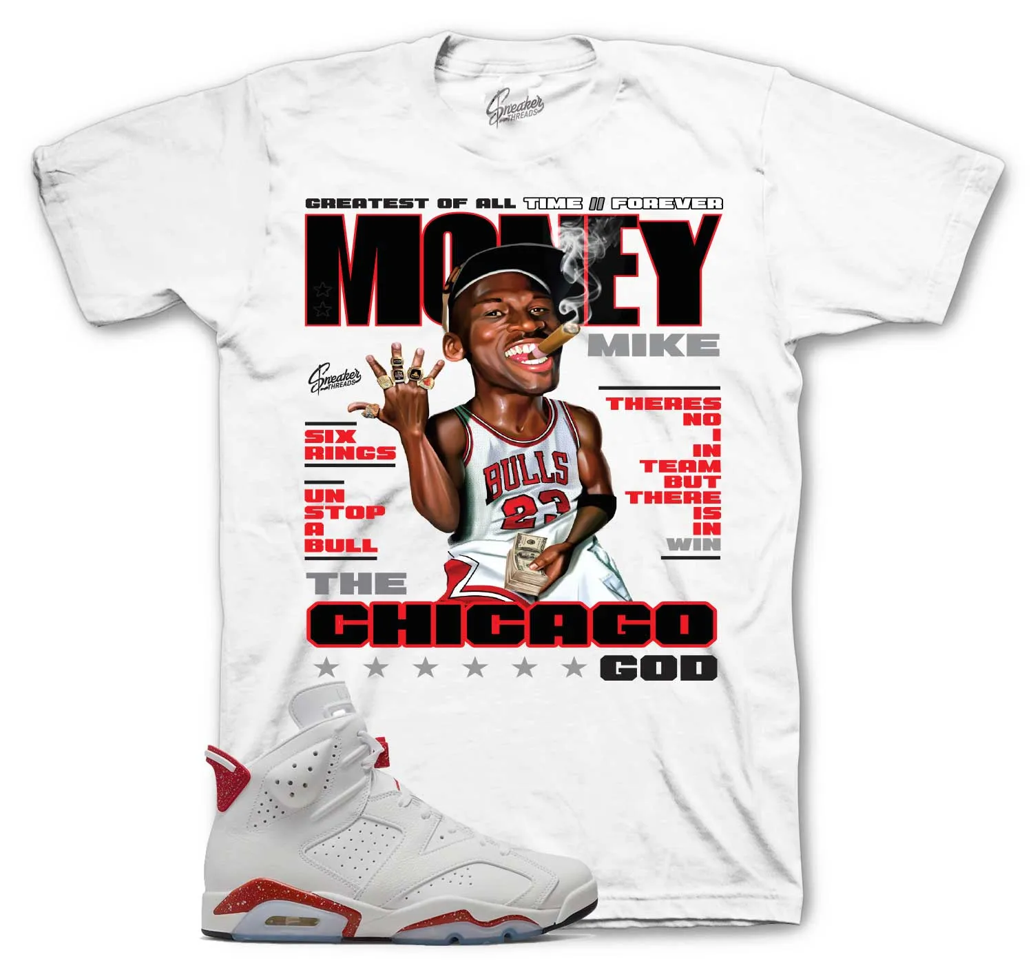 Retro 6 Red Cement Shirt - Money Mike - White