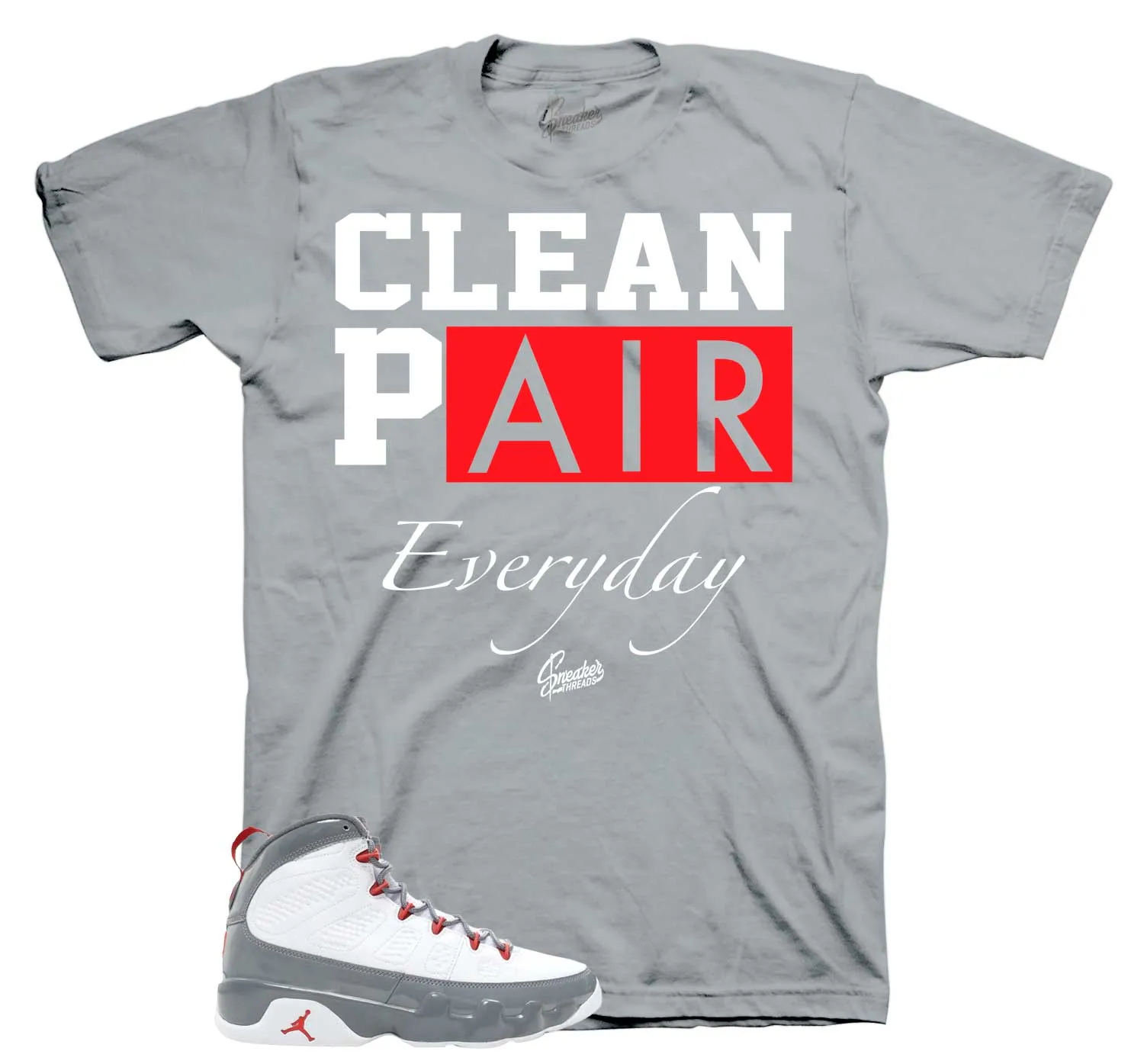 Retro 9 Fire Red Shirt - Clean Pair - Grey