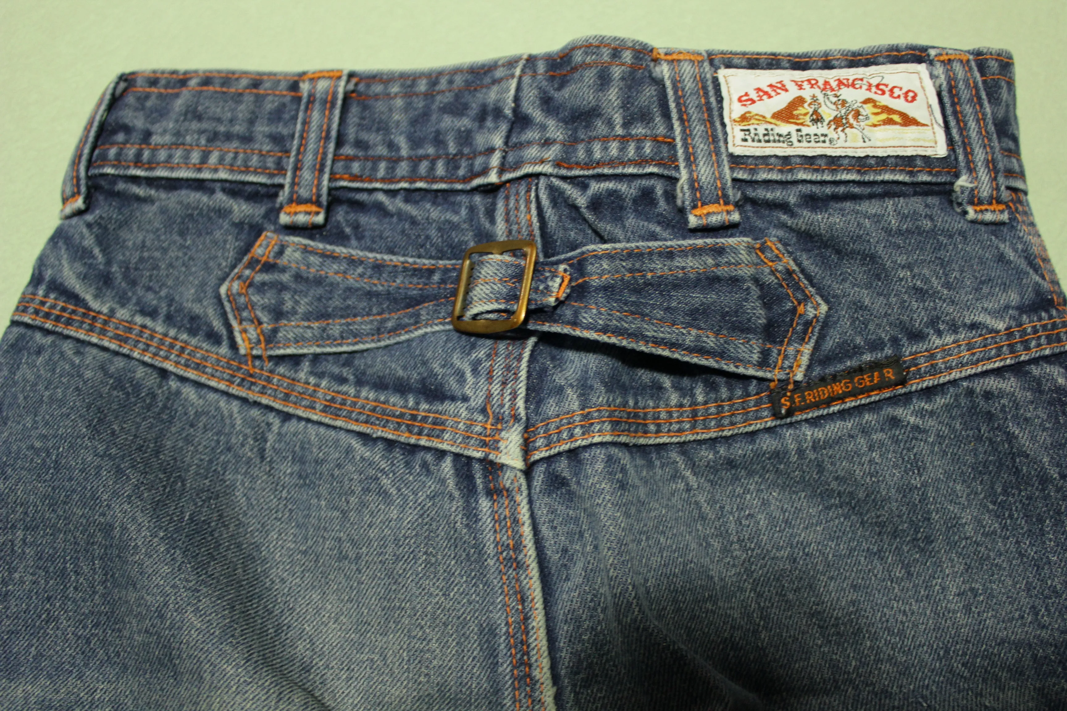 Vintage 1970s San Francisco Riding Gear Buckle Back Talon 42 Bell Bottom Denim Jeans – Classic Blue