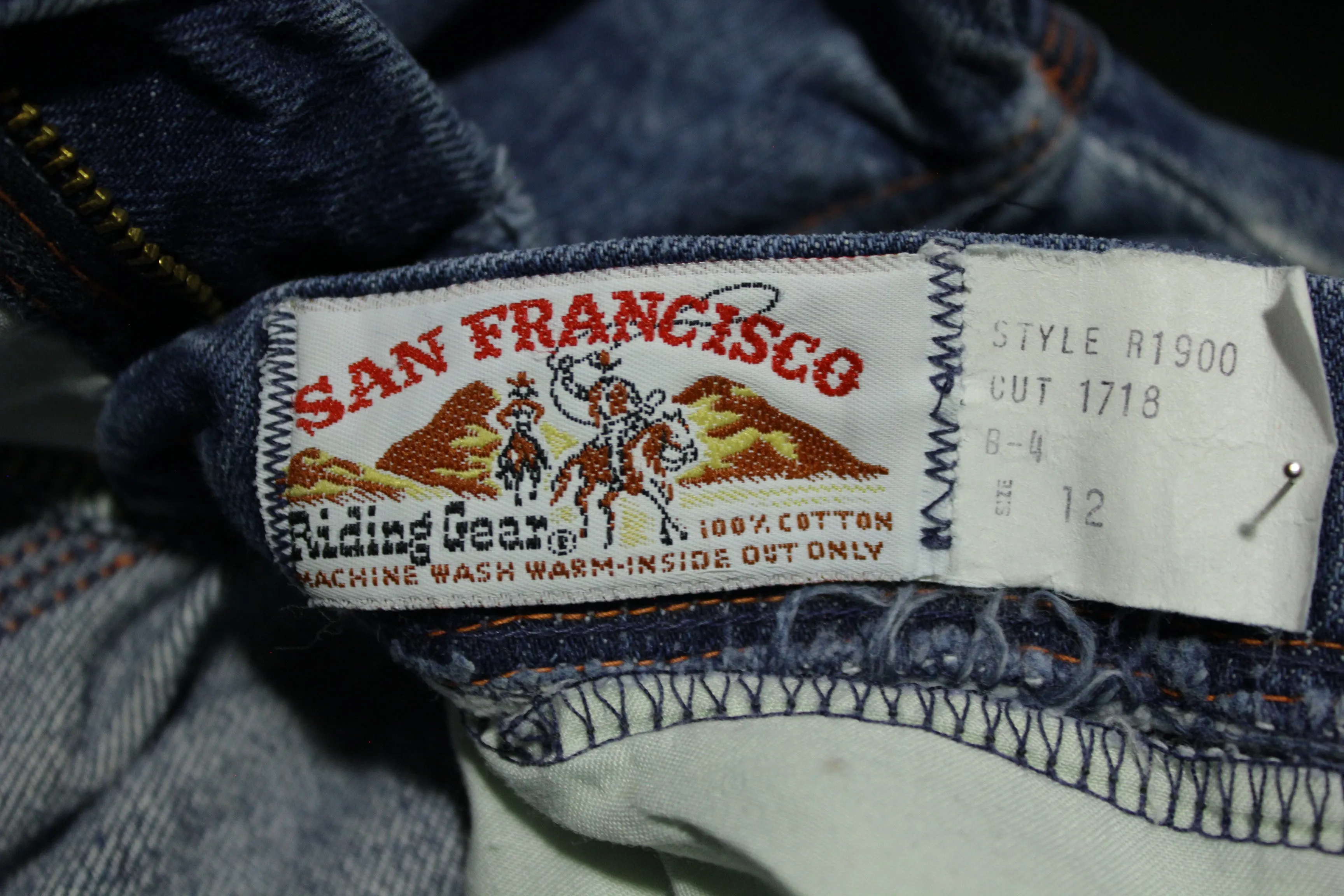 Vintage 1970s San Francisco Riding Gear Buckle Back Talon 42 Bell Bottom Denim Jeans – Classic Blue