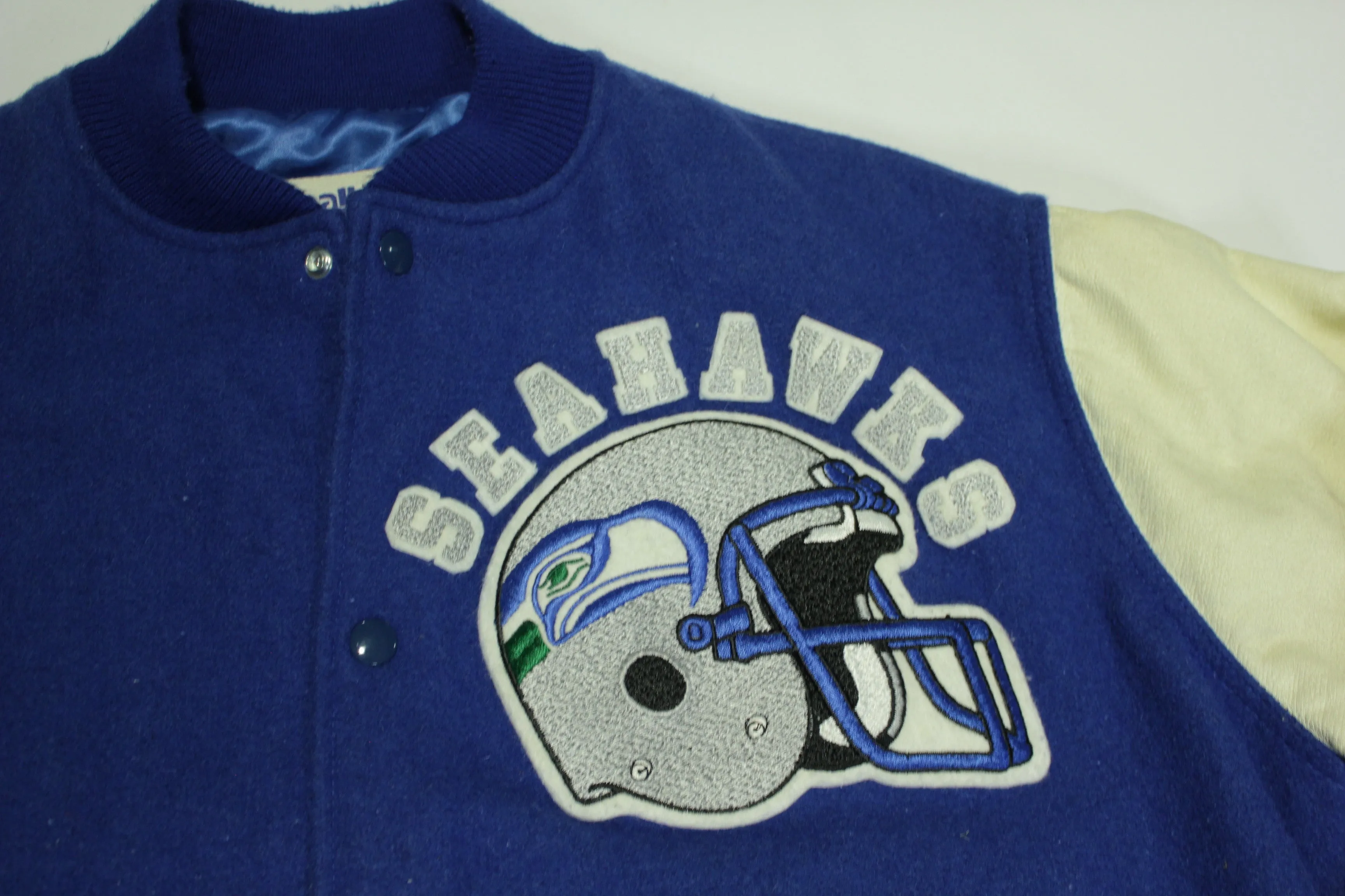 Seattle Seahawks Vintage 80's Chalk Line Made in USA Letterman's Bomber Leather Jacket