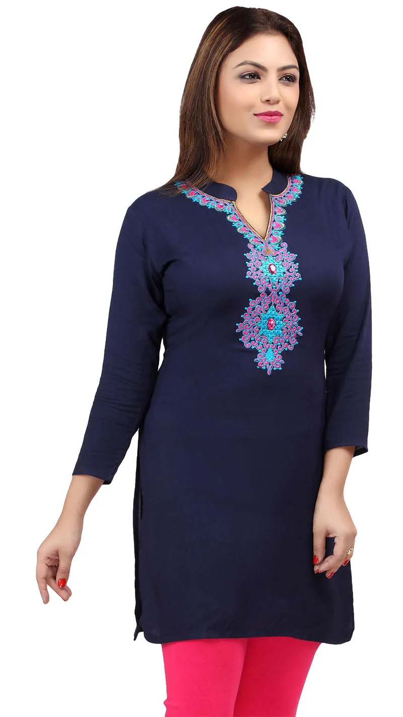 Short Kurti Women's Blouse Embroidered Indian Clothing (Blue)