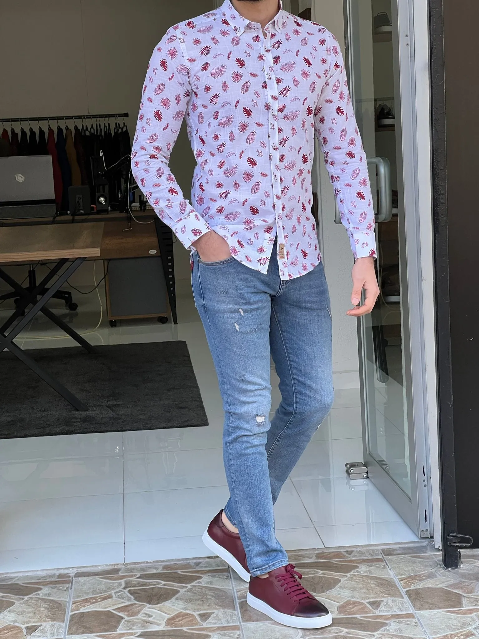 Slim Fit Leaf Pattern Claret-red Cotton Shirt