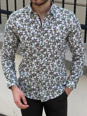 Slim Fit Patterned Cotton Green Shirt