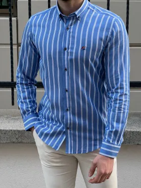 Slim Fit Striped Cotton Blue Shirt