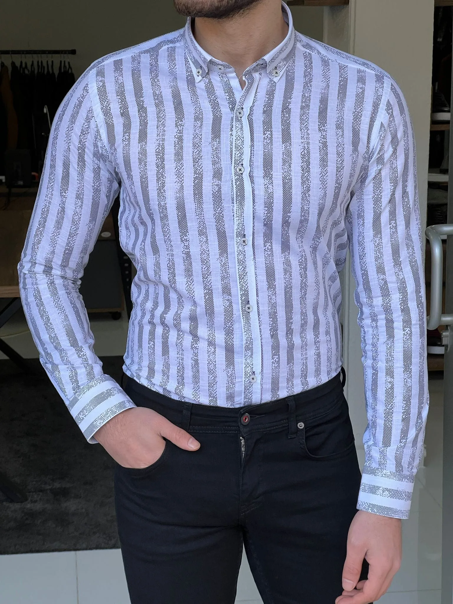 Slim Fit Striped White & Black Cotton Shirt