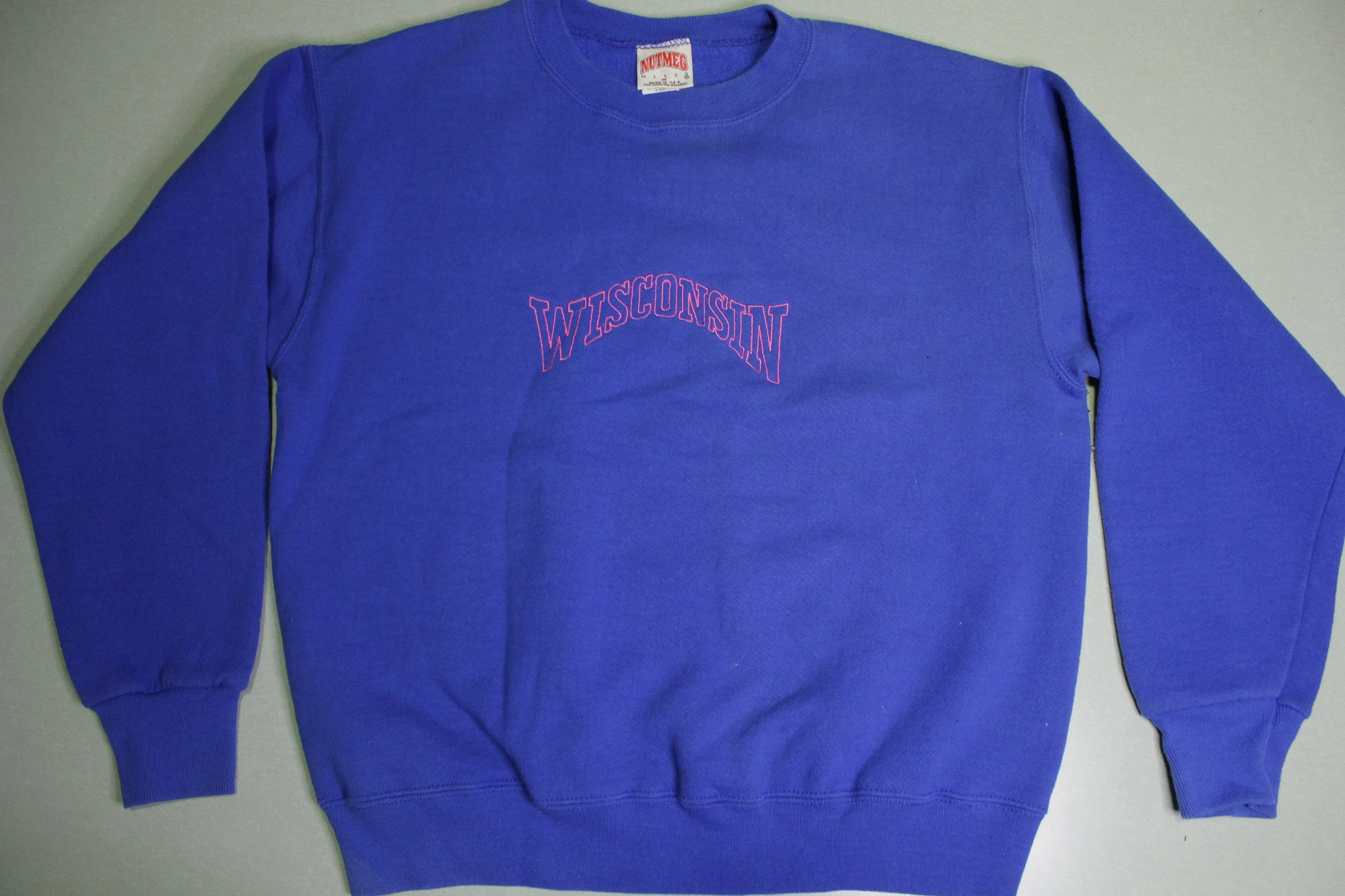 Wisconsin Vintage Nutmeg Mills Made in USA Blue Pink Block Spellout Crewneck 90's Sweatshirt